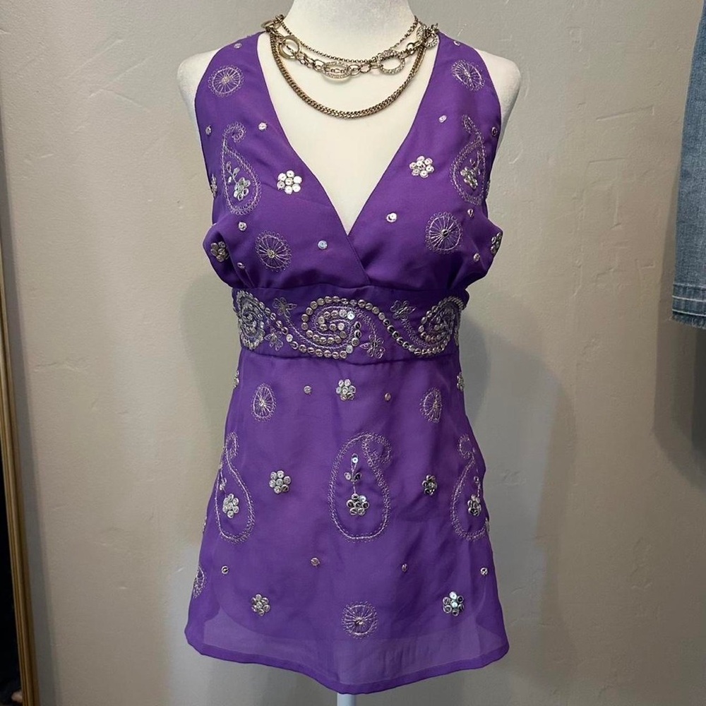 Purple Embellished Handkerchief Top with Halter Neckline